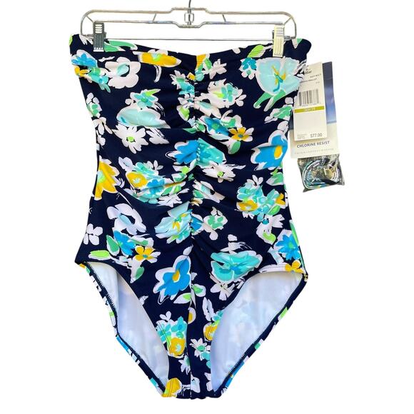 Gabar Swimsuit Womens 14 Navy Multi Floral Bandeau Chlorine Resist One Piece NWT - Picture 1 of 11